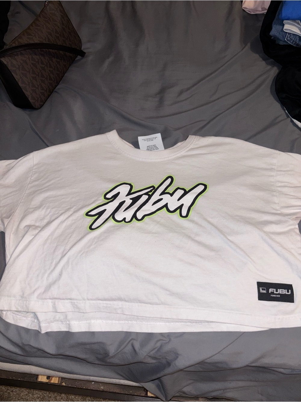 FUBU White Crop Tee with Neon Green-Trim Logo